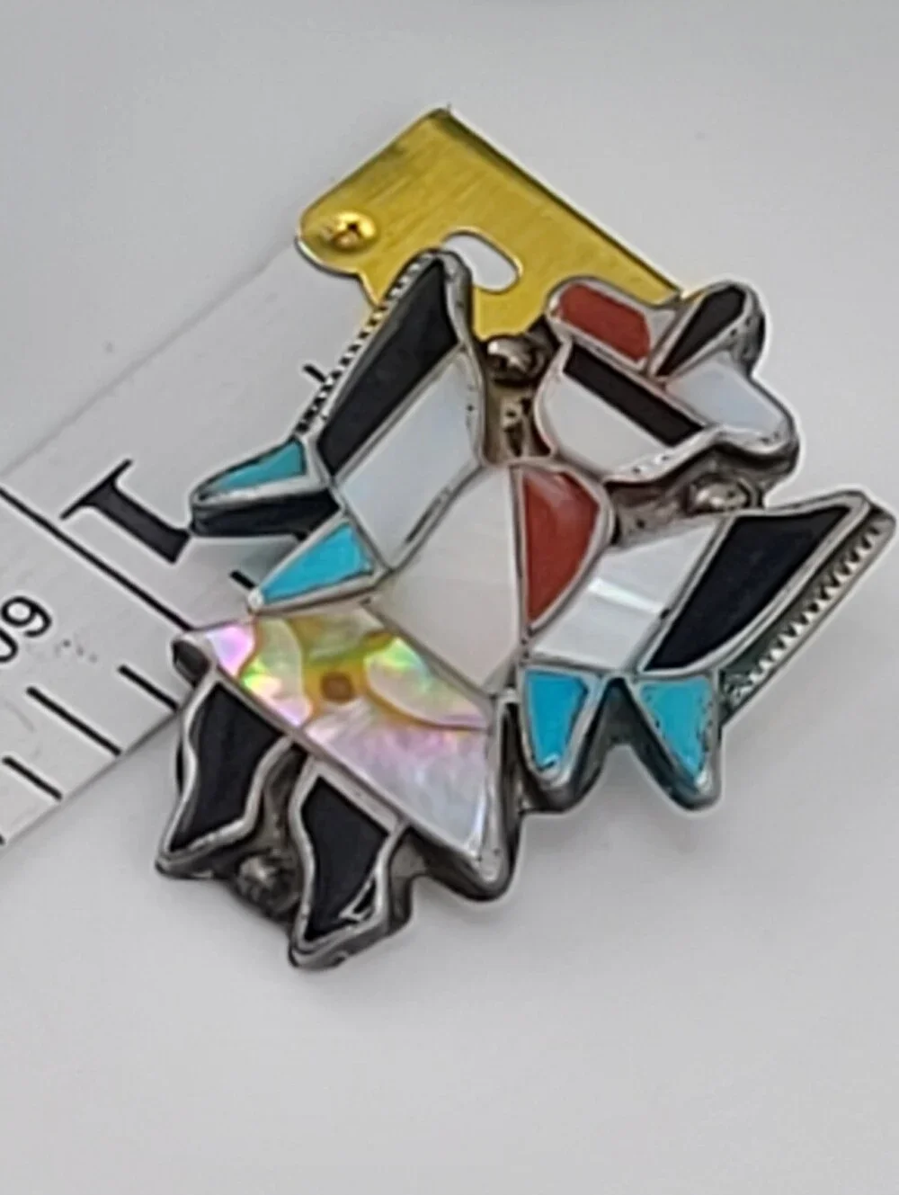 1940s Zuni Knifewing Pin of Turquoise, Jet, MOP, & Spiney Oyster On Sterling